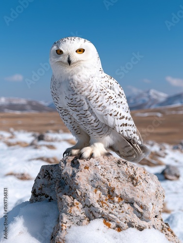 Majestic snowy owl perched on a rock in a winter landscape