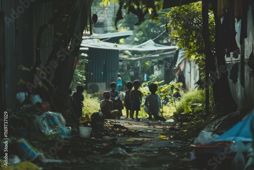 Children play in the street. Children playing in the street. Children play in the yard. photo