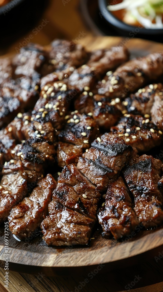 Grilled Beef Steak Pieces with Sesame Seeds on Rustic Wooden Plate Grilled Beef Steak Pieces with Sesame Seeds on Rustic Wooden Plate