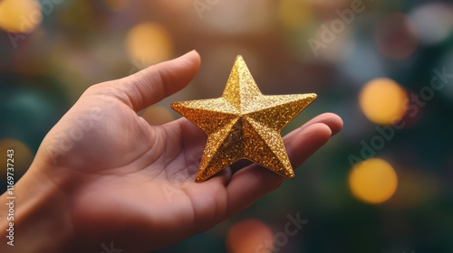 A hand holding a gold star symbolizing customer satisfaction, emphasizing the importance of high-quality service and positive feedback. photo