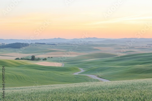 A photo of the rolling hills and fields of green wheat in Eastern Brookfield. The sun is setting, casting long shadows over gently swaying waves of grain. A winding path leads into a hazy horizon