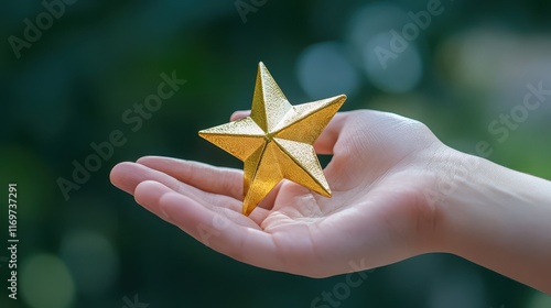 A hand holding a gold star symbolizing customer satisfaction, emphasizing the importance of high-quality service and positive feedback. photo