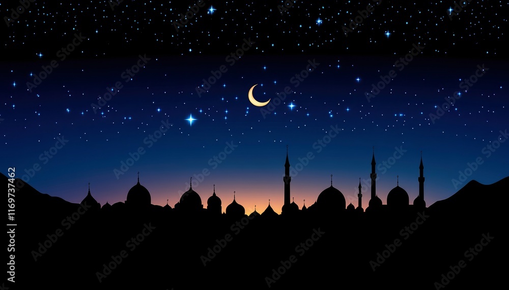 Naklejka premium A serene night sky with a crescent moon and stars, set against silhouettes of mosque domes, symbolizing the spiritual ambiance of Ramadan. with a gradient background that transitions from blue 