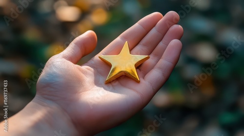 A hand holding a gold star symbolizing customer satisfaction, emphasizing the importance of high-quality service and positive feedback. photo