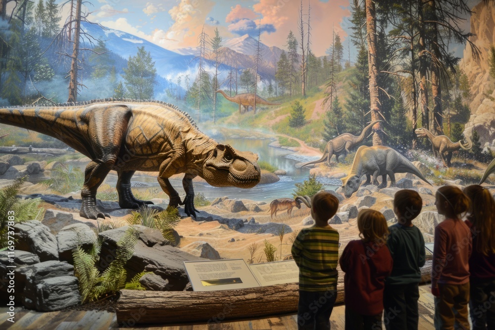 Fototapeta premium A group of children are looking at a dinosaur exhibit