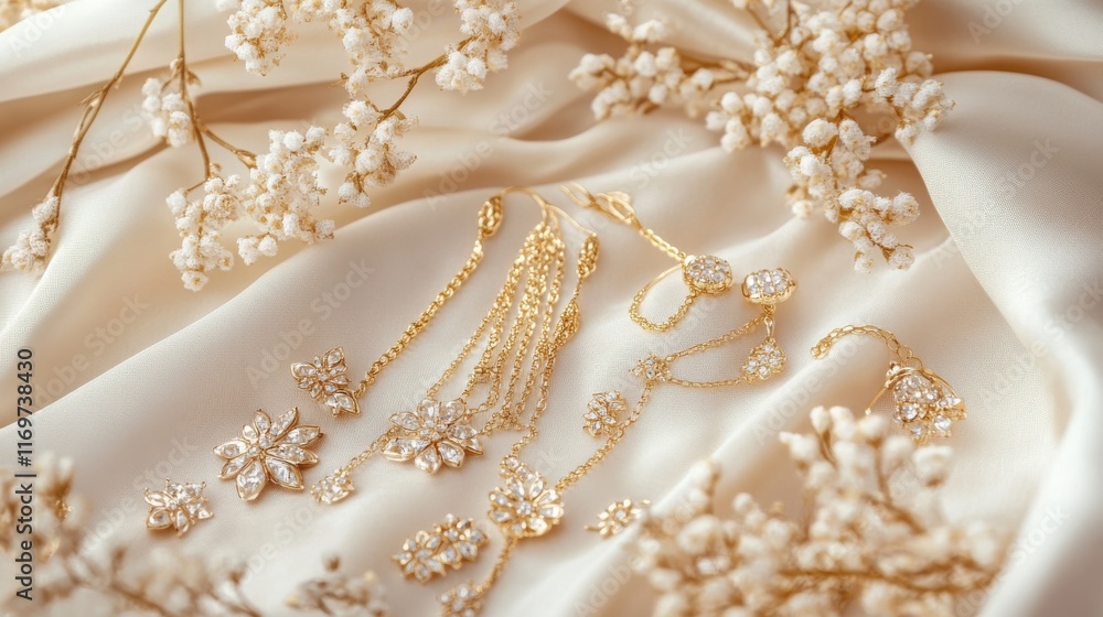 A set of gold jewelry, including earrings and chains, beautifully arranged with delicate floral accents, captured on a soft, neutral background. A set of gold jewelry, including earrings and chains, beautifully arranged with delicate floral accents, captured on a soft, neutral background.