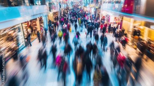 A high-energy scene of shoppers rushing and competing for discounted products during Black Friday sales. photo