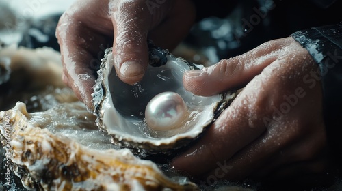 who works slowly Extract pearls from giant oysters with water droplets sparkling under the soft light. Revealing the beauty of pearls