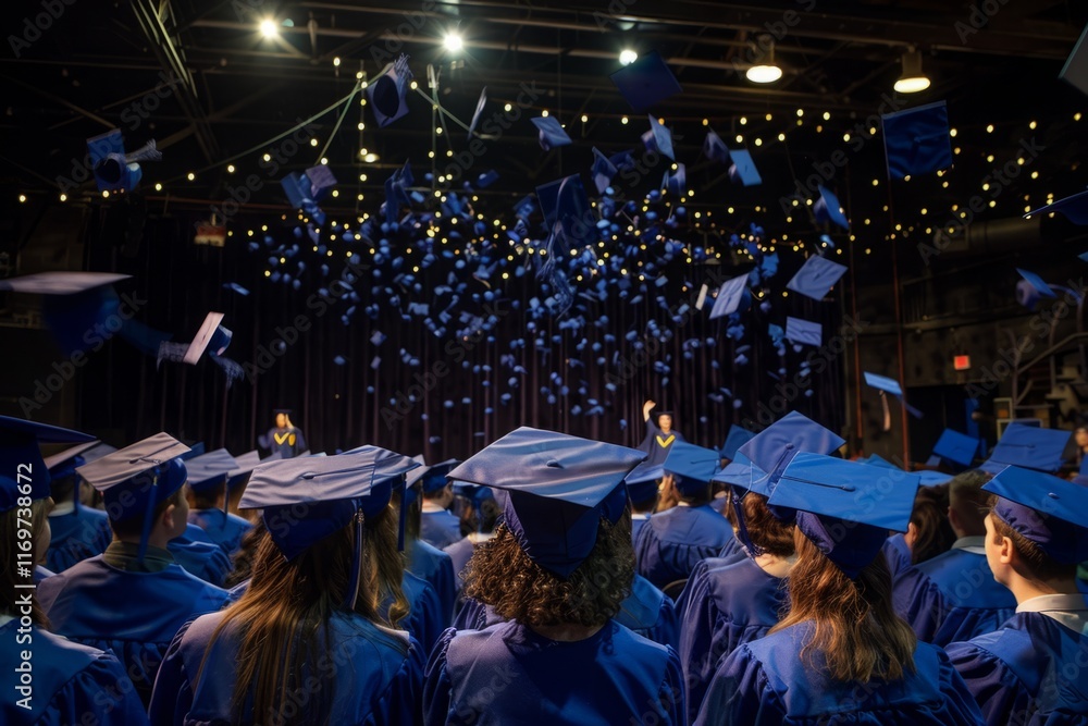 A graduation ceremony with many graduates wearing blue caps and gowns A graduation ceremony with many graduates wearing blue caps and gowns