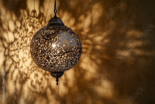 A traditional Arabic lantern with light glowing inside casting intricate shadows on the wall, symbolizing Ramadan and I Danielle celebration. The background is softly blurred to highlight the detailed photo