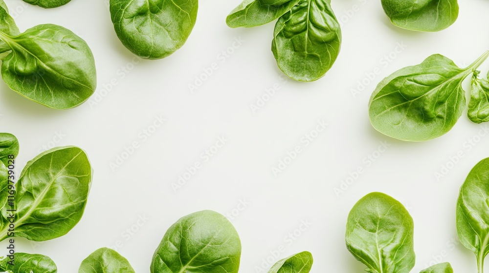Obraz premium Fresh spinach leaves arranged in a frame on white background.