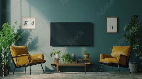 A home living room interior featuring stylish armchairs and a TV screen with decorative elements, complemented by a mockup frame on the wall. photo