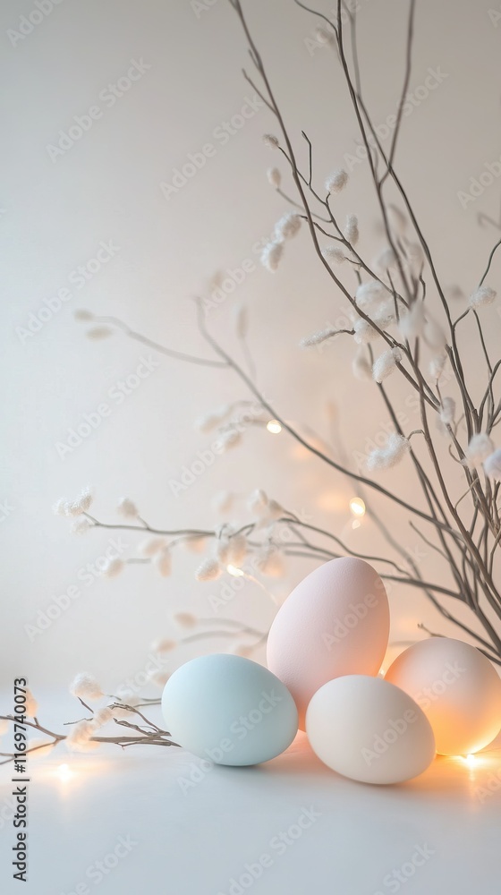 Elegant pastel-colored easter eggs and soft branches illuminated with warm fairy lights, symbolizing the harmony of nature and easter celebration Elegant pastel-colored easter eggs and soft branches illuminated with warm fairy lights, symbolizing the harmony of nature and easter celebration