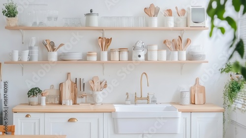 A light, airy home kitchen interior featuring a bar counter, sink, and shelves stocked with kitchenware. photo