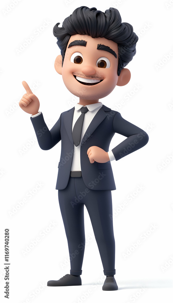 Smiling 3D cartoon businessman pointing enthusiastically in a chosen direction Smiling 3D cartoon businessman pointing enthusiastically in a chosen direction