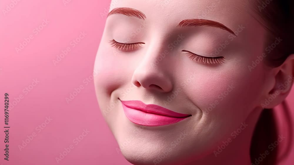 Smiling woman with closed eyes enjoying a serene moment against a pink background Smiling woman with closed eyes enjoying a serene moment against a pink background