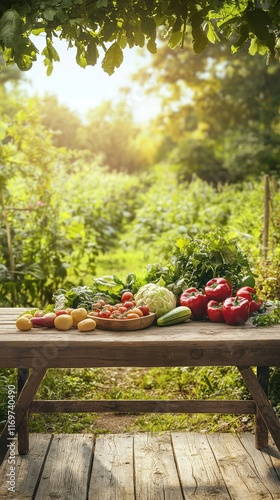 Fresh Vegetables and Fruits on Rustic Table in Sunlit Garden View