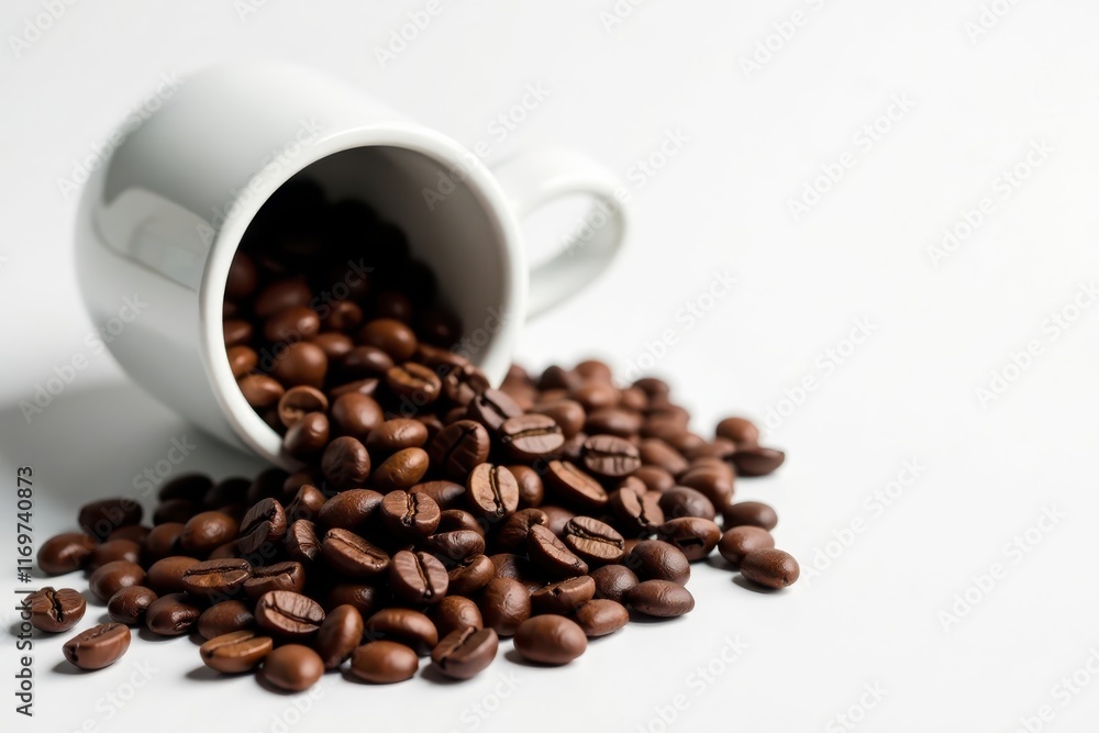 Dark roasted coffee beans spilling from a pristine white ceramic cup , food, still life, energy Dark roasted coffee beans spilling from a pristine white ceramic cup , food, still life, energy