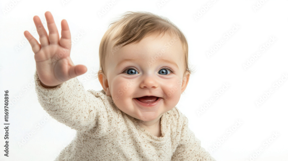 Happy baby smiling and waving while crawling on the ground, perfect for family and childhood themes Happy baby smiling and waving while crawling on the ground, perfect for family and childhood themes