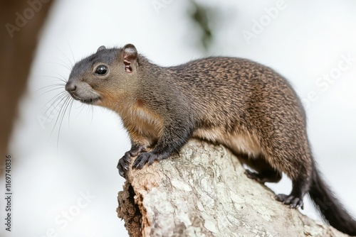 Grey-bellied squirrel perched on tree trunk in tropical jungle of Gayabari, India photo