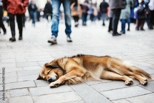 Fluffy Collie dog rests on city sidewalk amid bustling urban activity photo