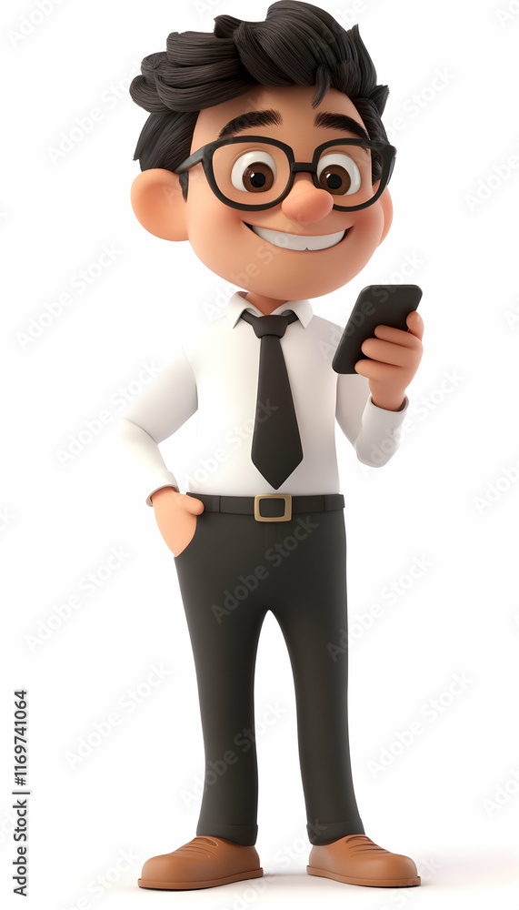 Smiling cartoon 3D businessman chatting on a smartphone, engaging social vibe Smiling cartoon 3D businessman chatting on a smartphone, engaging social vibe