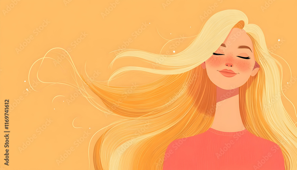 Smiling young woman with long, groomed blonde hair against a pastel flat background, ideal for hair care product banner Smiling young woman with long, groomed blonde hair against a pastel flat background, ideal for hair care product banner