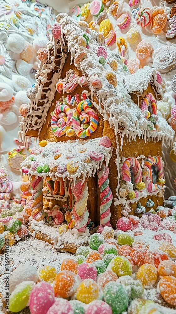 Naklejka premium Colorful Gingerbread House Decorated with Candy and Icing Details