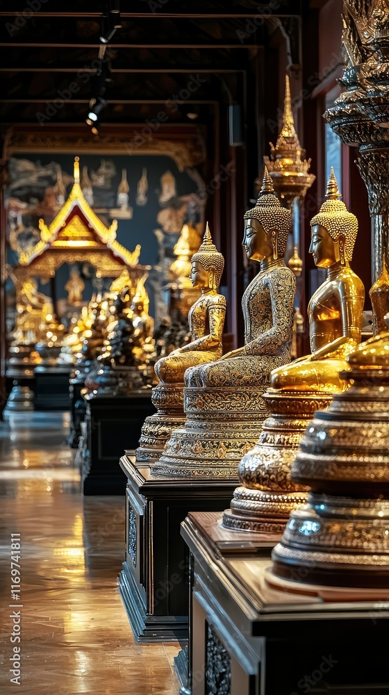Fototapeta premium Golden Buddha Statues in Serene Display in Ornate Museum Hall