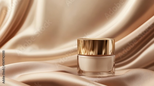 A luxurious skincare cream jar with a gold lid is elegantly displayed against a silky fabric background. photo