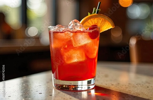 Refreshing cocktail served in a glass with citrus garnish and ice indoors photo