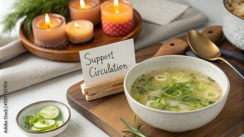 A topdown view showcases a shallow bowl filled with light clear broth shimmering with reflections of nearby candlelight. The broth laden with finely sliced greens hints at a photo