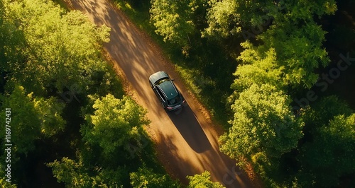 Aerial top view of a car driving on the road in a green forest, a nature landscape background . A bird's-eye view or drone shot from above, showing an asphalted, curved highway through a dense, tropic