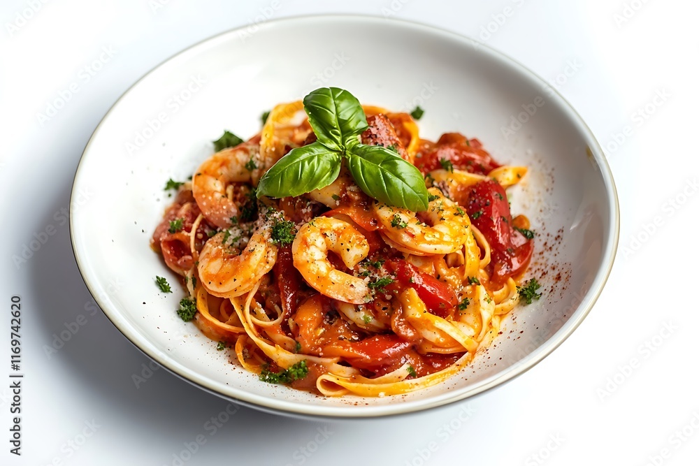 Tasty linguine with shrimps and tomato sauce decorated with basil leaves, resting in a white plate on a white background Tasty linguine with shrimps and tomato sauce decorated with basil leaves, resting in a white plate on a white background