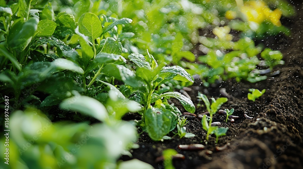 Fresh Green Plants Growing in Fertile Soil with Water Droplets Fresh Green Plants Growing in Fertile Soil with Water Droplets