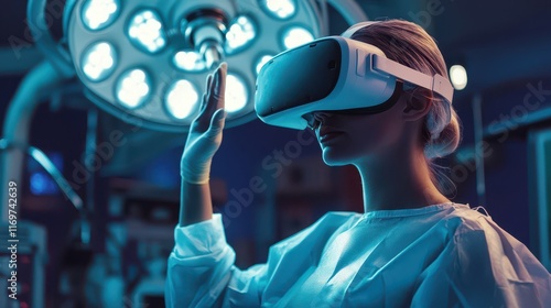 A medical professional surgeon wearing a virtual reality headset in an operating theatre, integrating advanced technology into surgical procedures for enhanced precision and visualization. photo