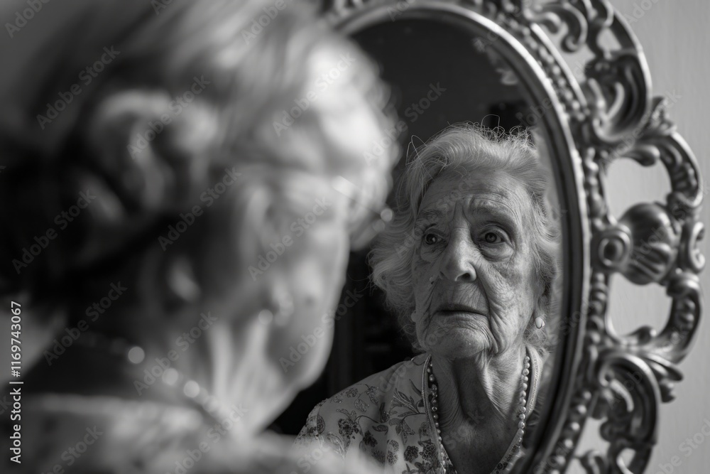 Fototapeta premium A woman is looking at her reflection in a mirror