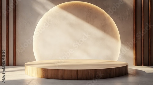 A minimalist wooden podium stands against a circular backdrop, illuminated by natural light. photo