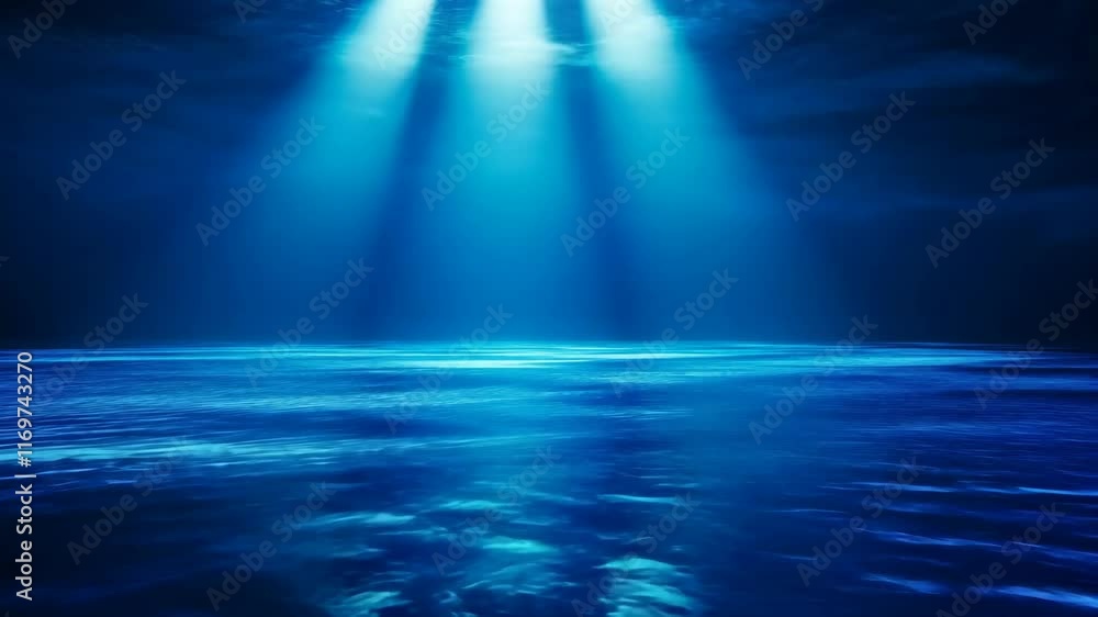 Deep blue ocean illuminated by rays of light shimmering on the water's surface at twilight Deep blue ocean illuminated by rays of light shimmering on the water's surface at twilight