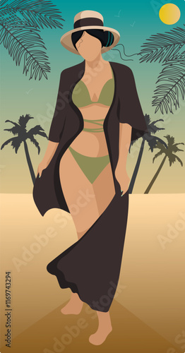 Vector image of a beautiful girl in a bikini on the background of a beach and palm trees. Leaflet,banner. Hello summer