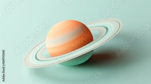 A minimalistic Saturn model with soft orange and green hues on a light blue background. photo