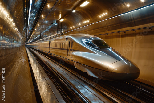 A sleek, silver Shinkansen bullet train speeds through a long, illuminated tunnel. photo