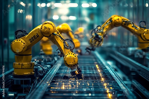 Yellow robotic arms performing automated tasks on a production line, showcasing advanced manufacturing technology in industry 4.0
