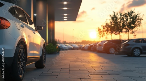 A modern car parked in an outdoor lot represents concepts of used car sales, rental services, and car dealerships. photo