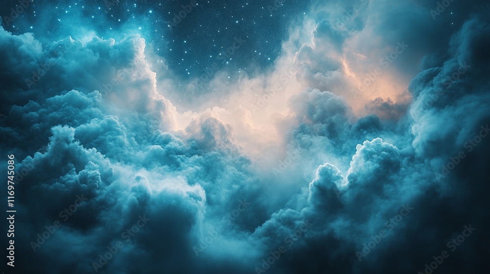 Dramatic night sky with dark and light blue clouds and stars. Dramatic night sky with dark and light blue clouds and stars.