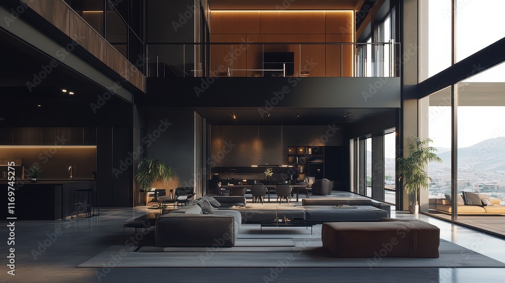 A modern dark luxury home interior showcasing a spacious loft with sleek furniture and minimalistic decor. A modern dark luxury home interior showcasing a spacious loft with sleek furniture and minimalistic decor.