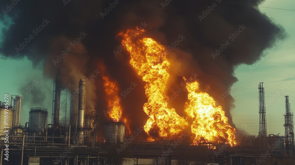 large industrial fire produces thick black smoke and bright flames, showcasing dramatic scene of destruction and danger large industrial fire produces thick black smoke and bright flames, showcasing dramatic scene of destruction and danger