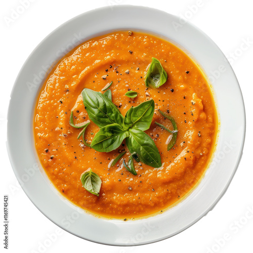 Plate of vegetable soup puree, isolated on transparent background. 