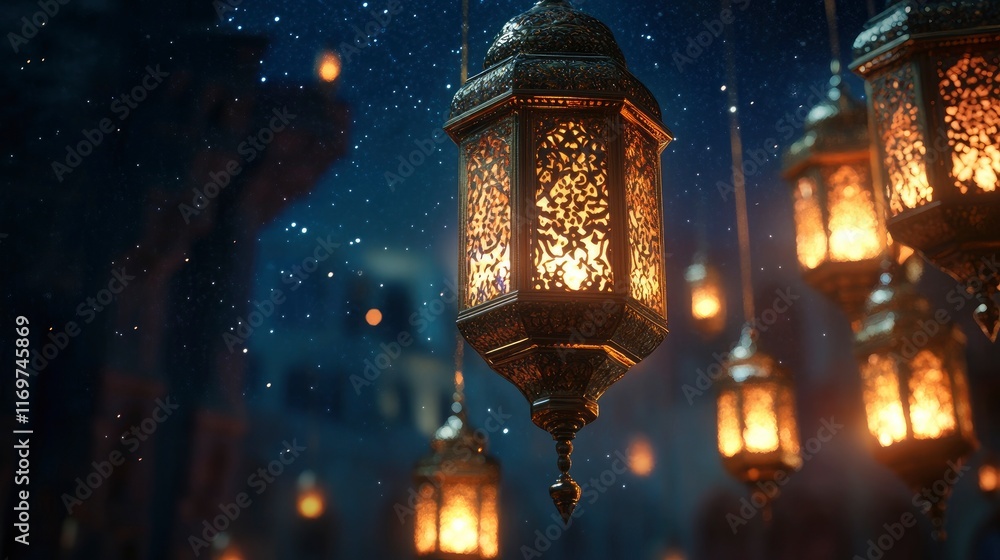Fototapeta premium A beautiful background for Ramadan with hanging lanterns and glowing lights. The composition includes elements of the night sky, creating an atmosphere of celebration during Ramadan.