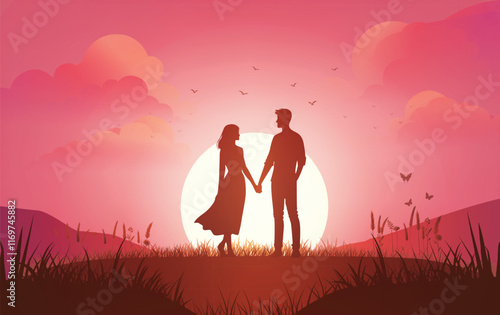 Romantic Couple Silhouette at Sunset with Heart and Nature Scene